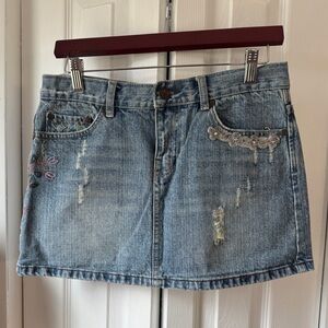 Jou Jou Light Blue Distressed Denim Mini Skirt with Embroidered Accents